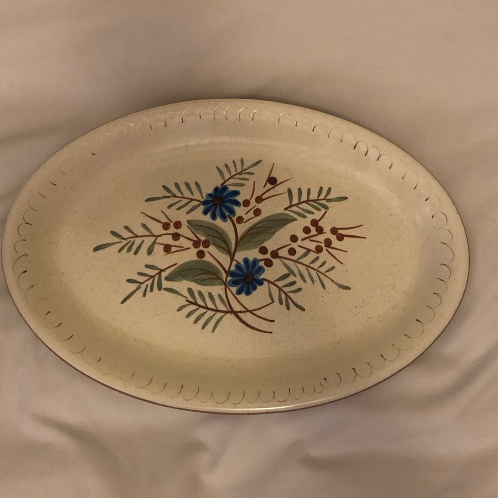 Stangle “Blue Daisy” Oval Ceramic Platter 14.5” in Diameter Blue Green Cream